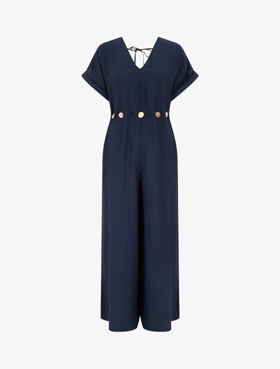Combinaison ample à manches courtes et ceinture perlée - Marine - 1
