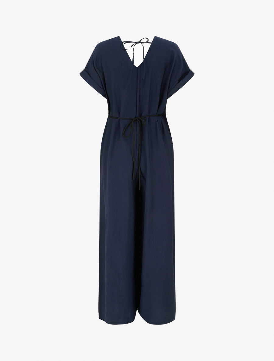 Combinaison ample à manches courtes et ceinture perlée - Marine - 2