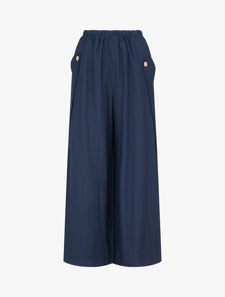 Pantalon ample uni à boutons décoratifs - Marine - 1