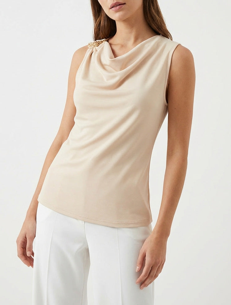 Top senza maniche con gioiello testurizzato - Beige