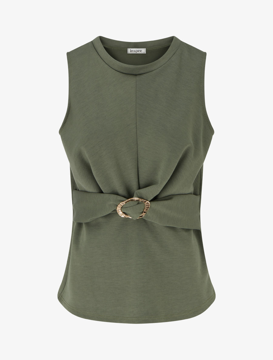 Top uni sans manches à empiècement bijou - Kaki - 1