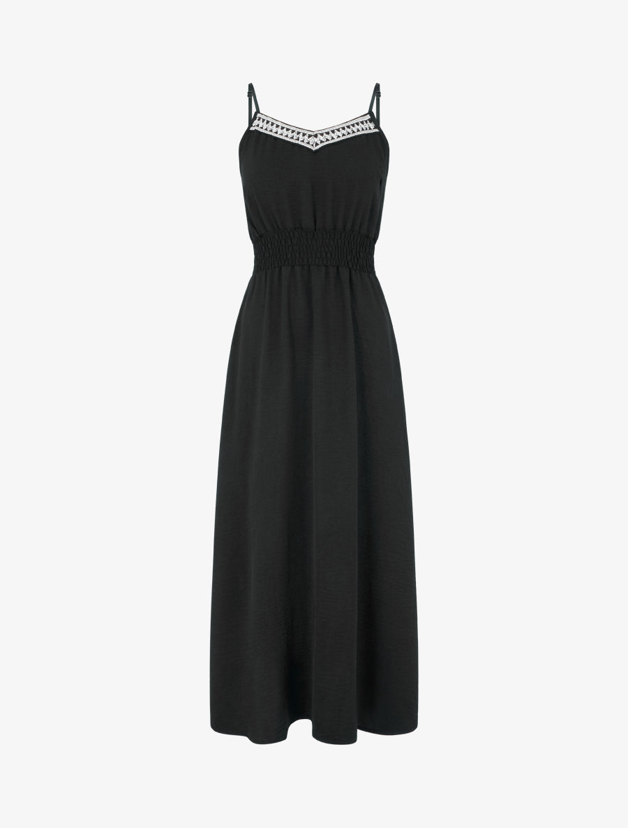 Robe longue unie à taille élastiquée - Noir - 1