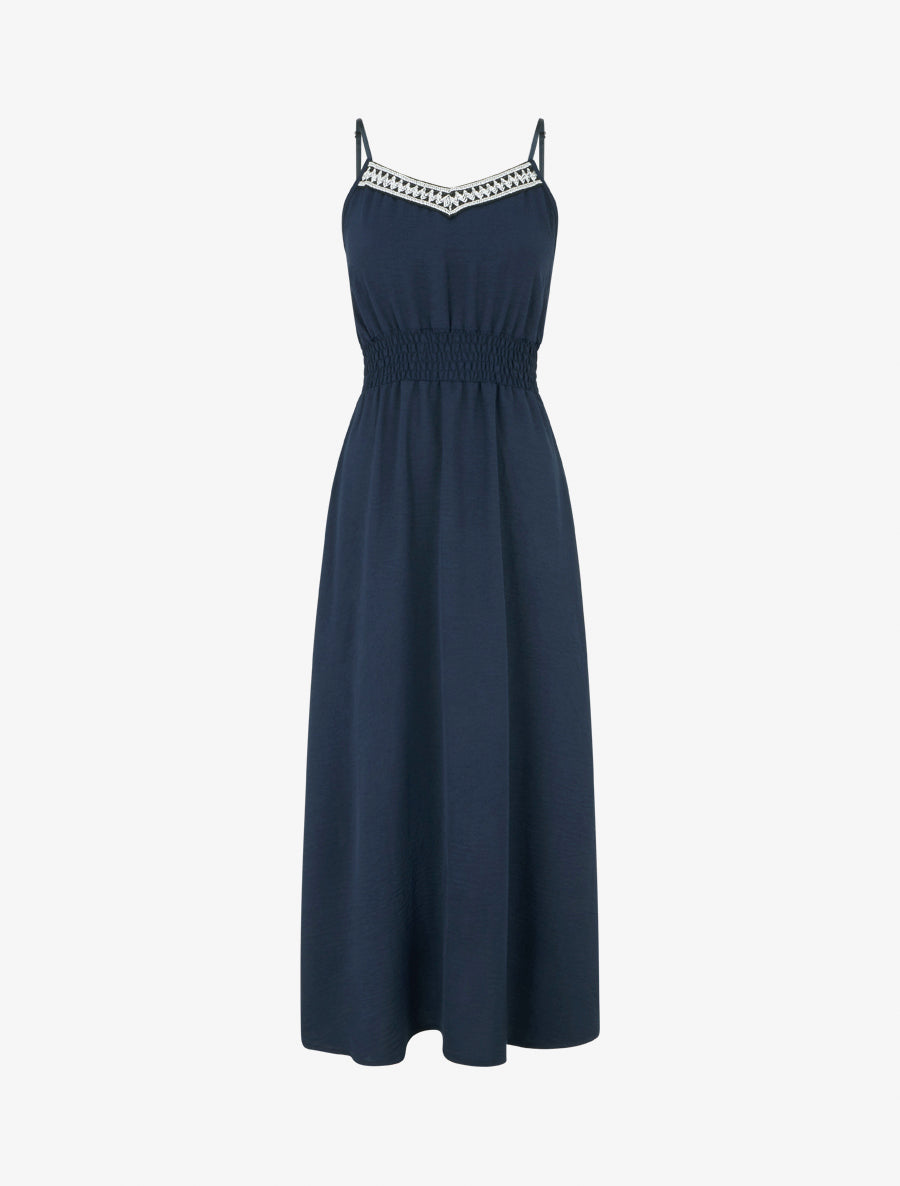 Robe longue unie à taille élastiquée - Marine - 1