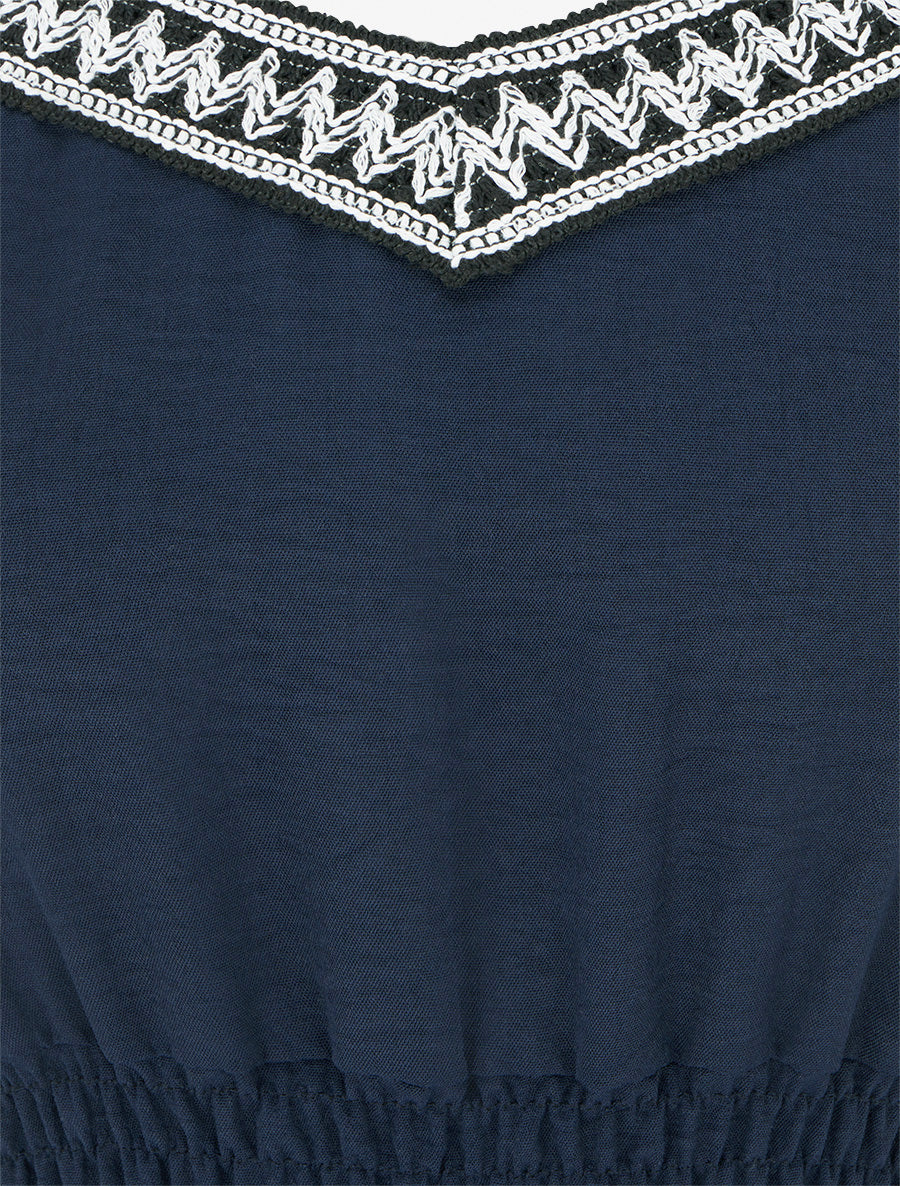 Robe longue unie à taille élastiquée - Marine - 3