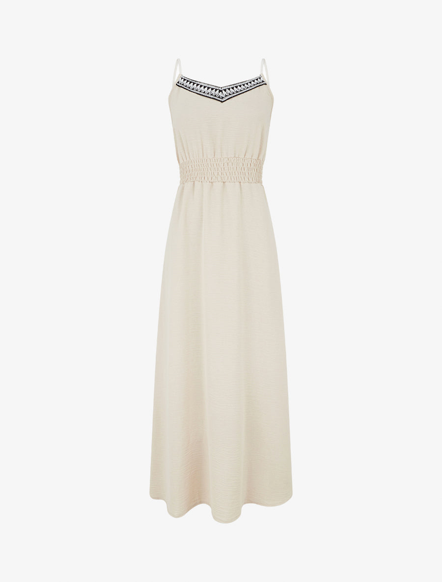 Robe longue unie à taille élastiquée - Beige - 1