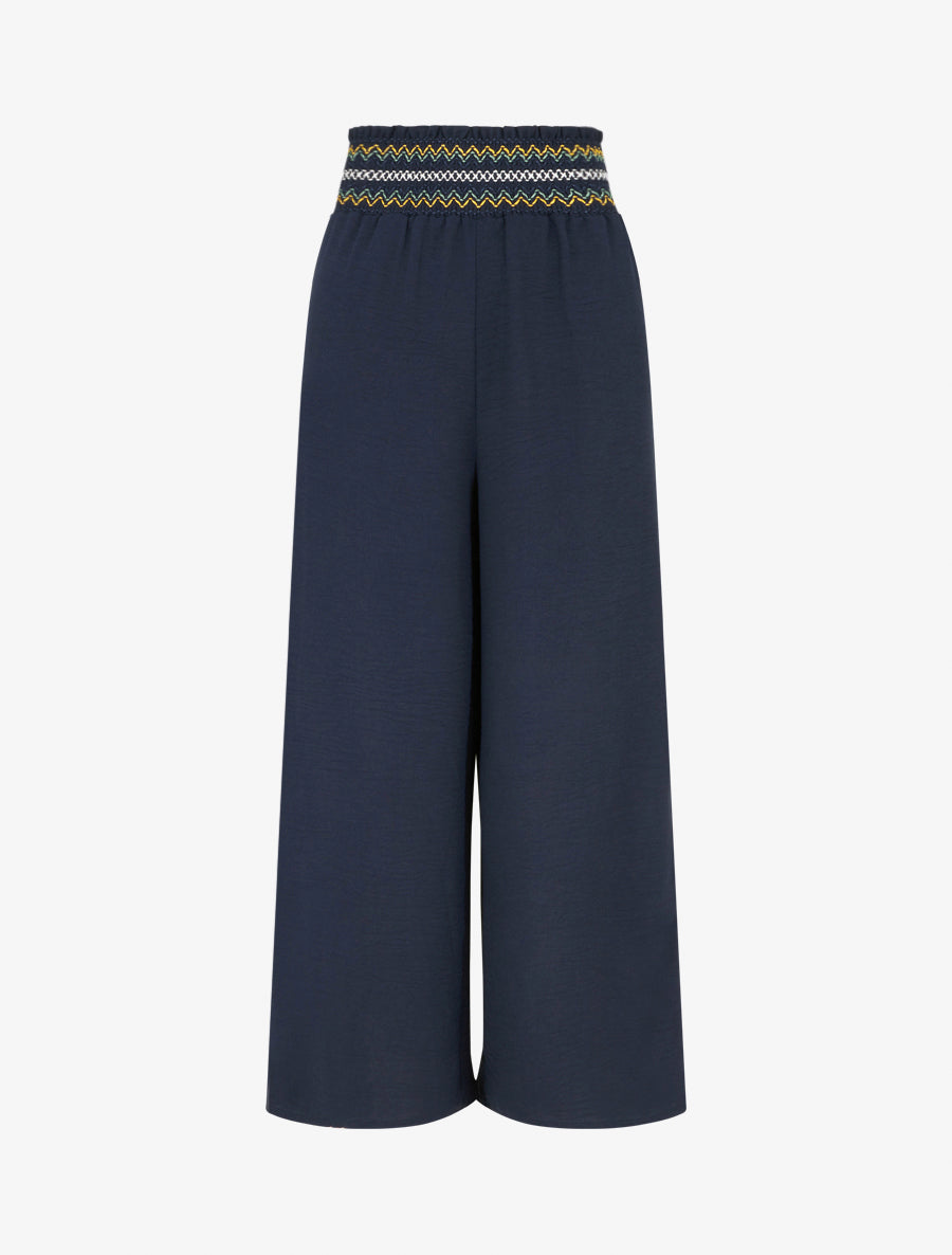 Pantalon droit à taille haute élastiquée - Marine - 1