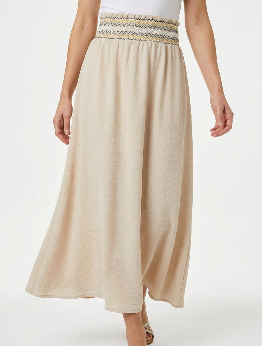 Gonna lunga svasata con vita elasticizzata - Beige