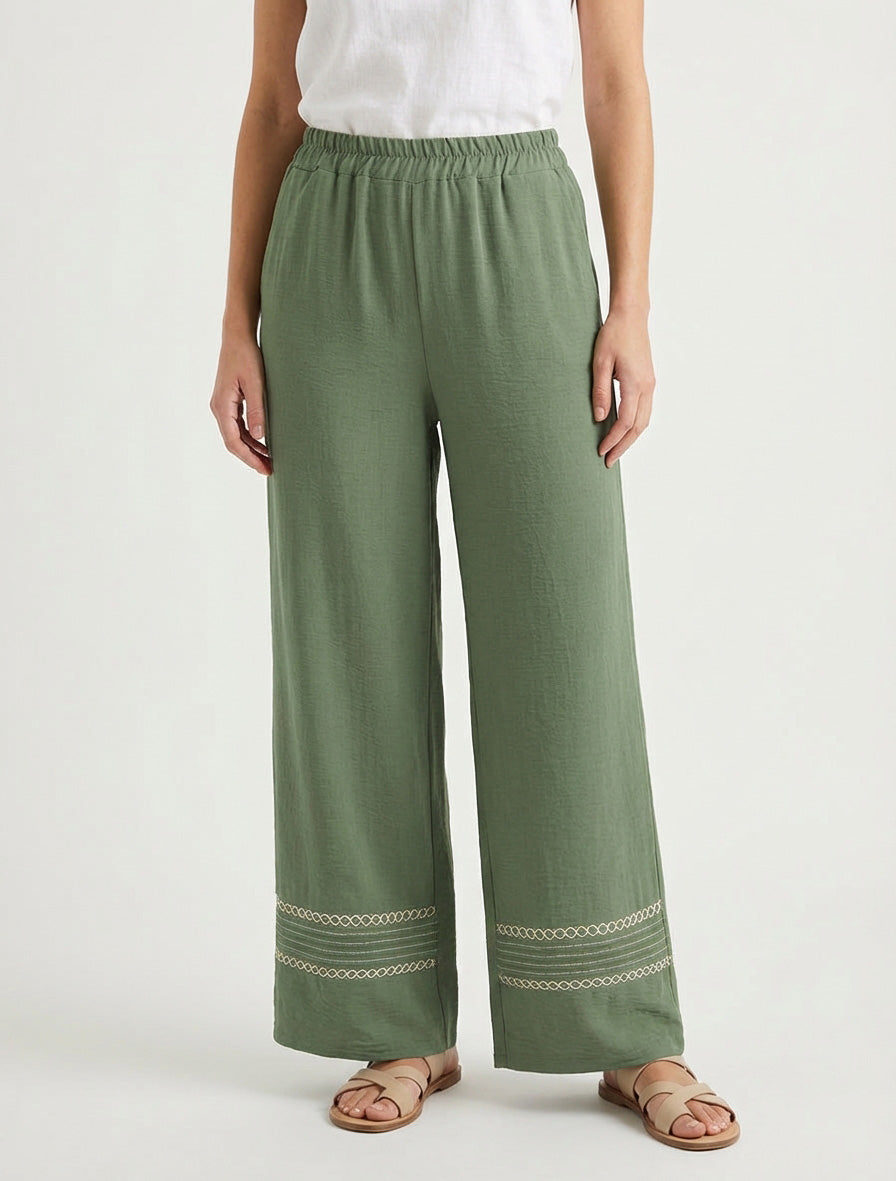 Pantaloni ampi con bordi ricamati - Cachi