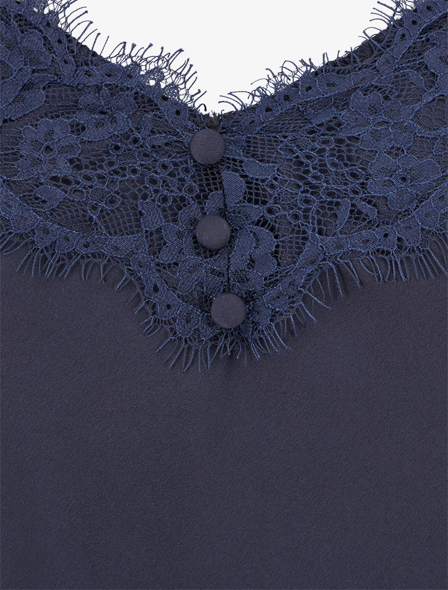 Caraco satiné à détail dentelle - Marine - 3