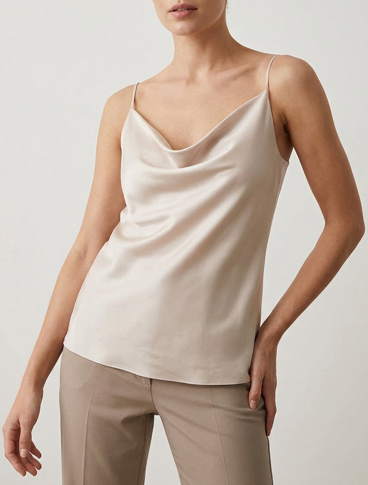 Canotta satinata con scollo a cascata - Beige chiaro