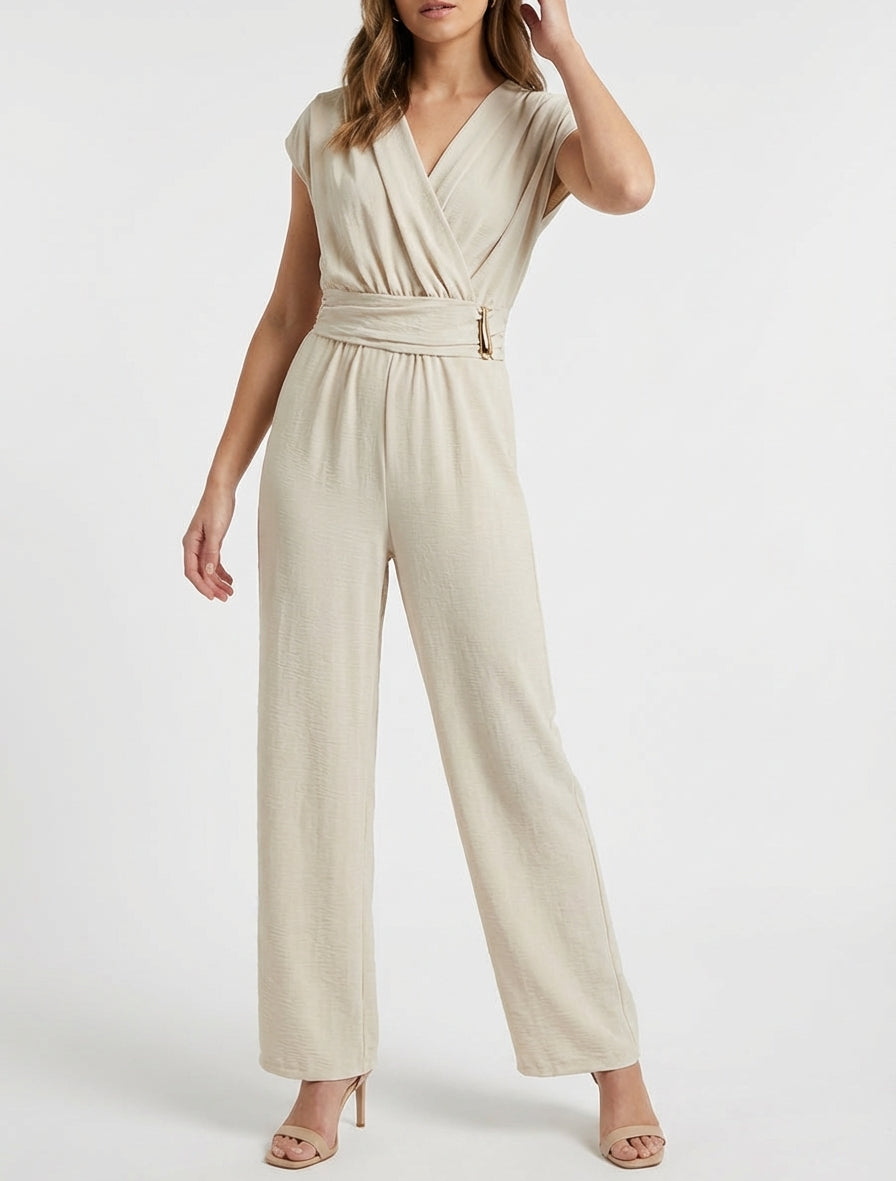 Tuta ampia con scollo a incrocio effetto drappeggiato - Beige