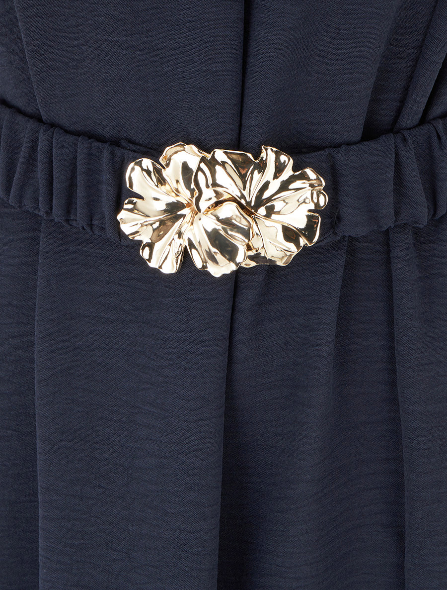 Robe fluide unie ceinturée - Marine - 3