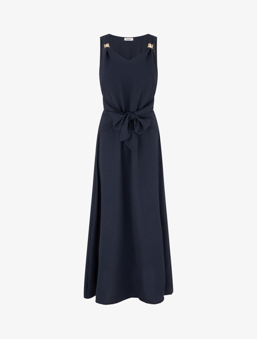Robe longue à pans à nouer - Bleu nuit - 1