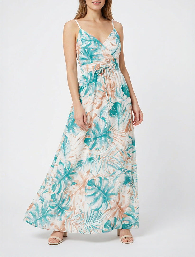 Abito lungo con schiena elasticizzata a stampa foglie - Turchese