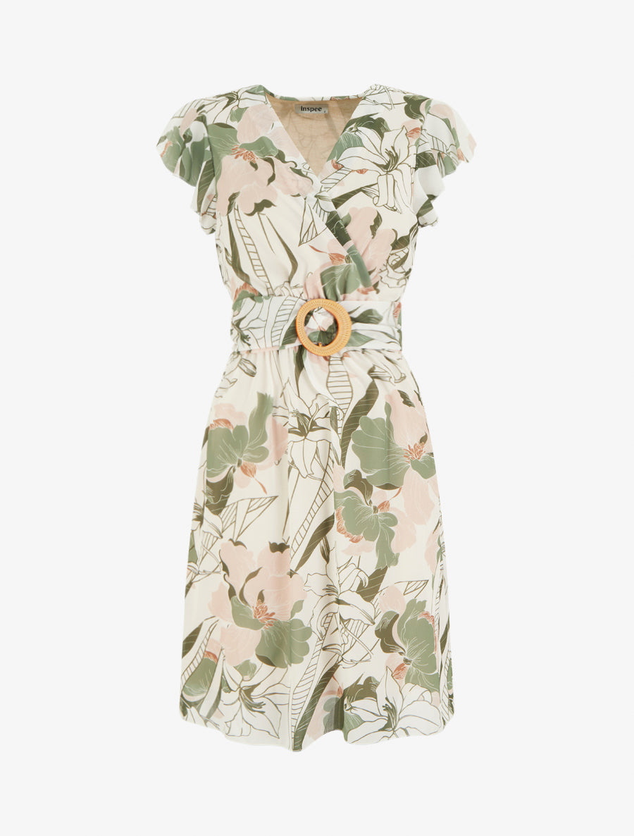 Robe mi-longue imprimé grandes fleurs à boucle - Kaki - 1