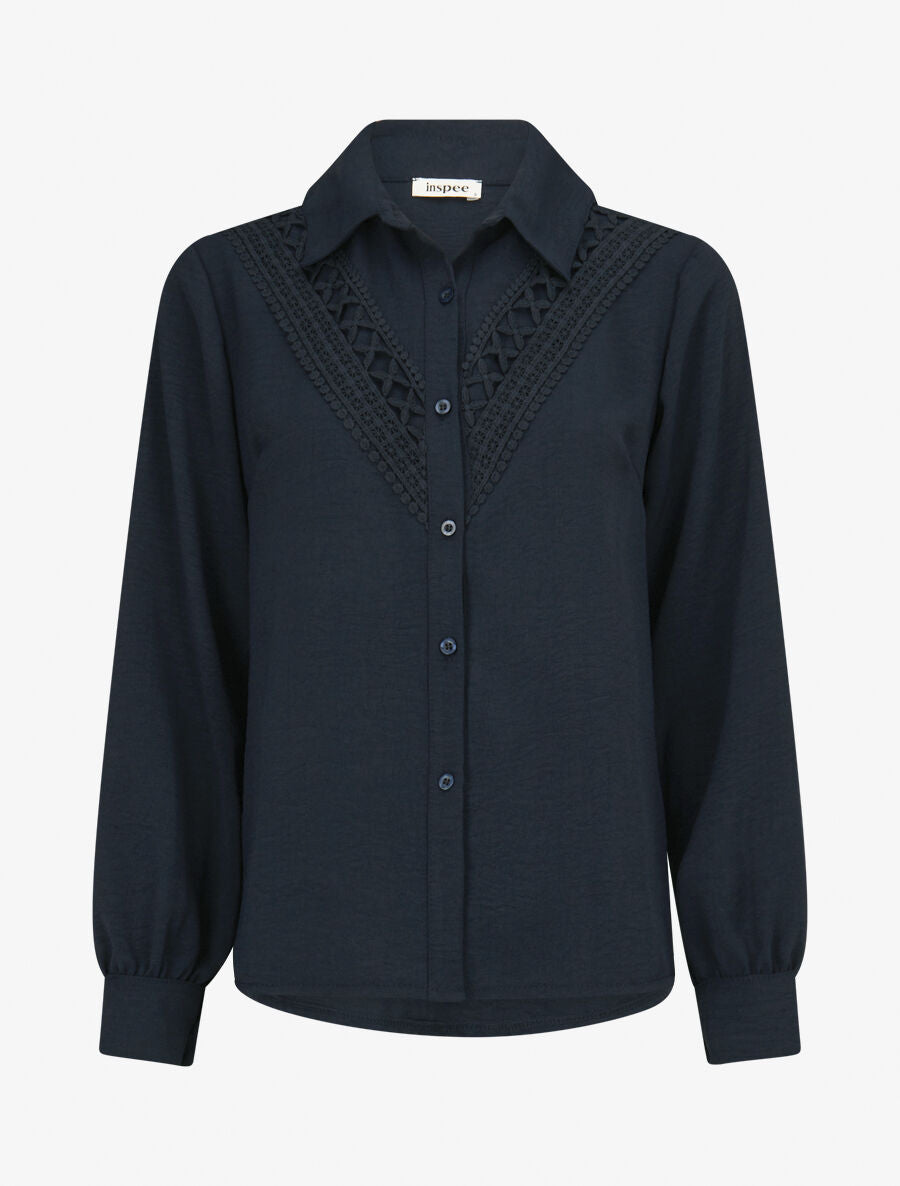 Chemise fluide à empiècement en crochet - Marine - 1