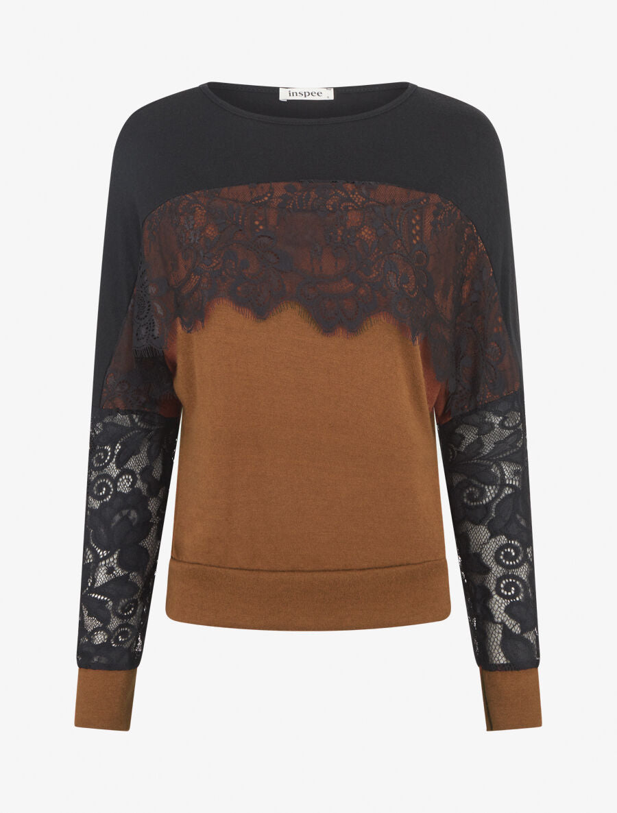 Pull fin dolman à bande dentelle - Camel - 1