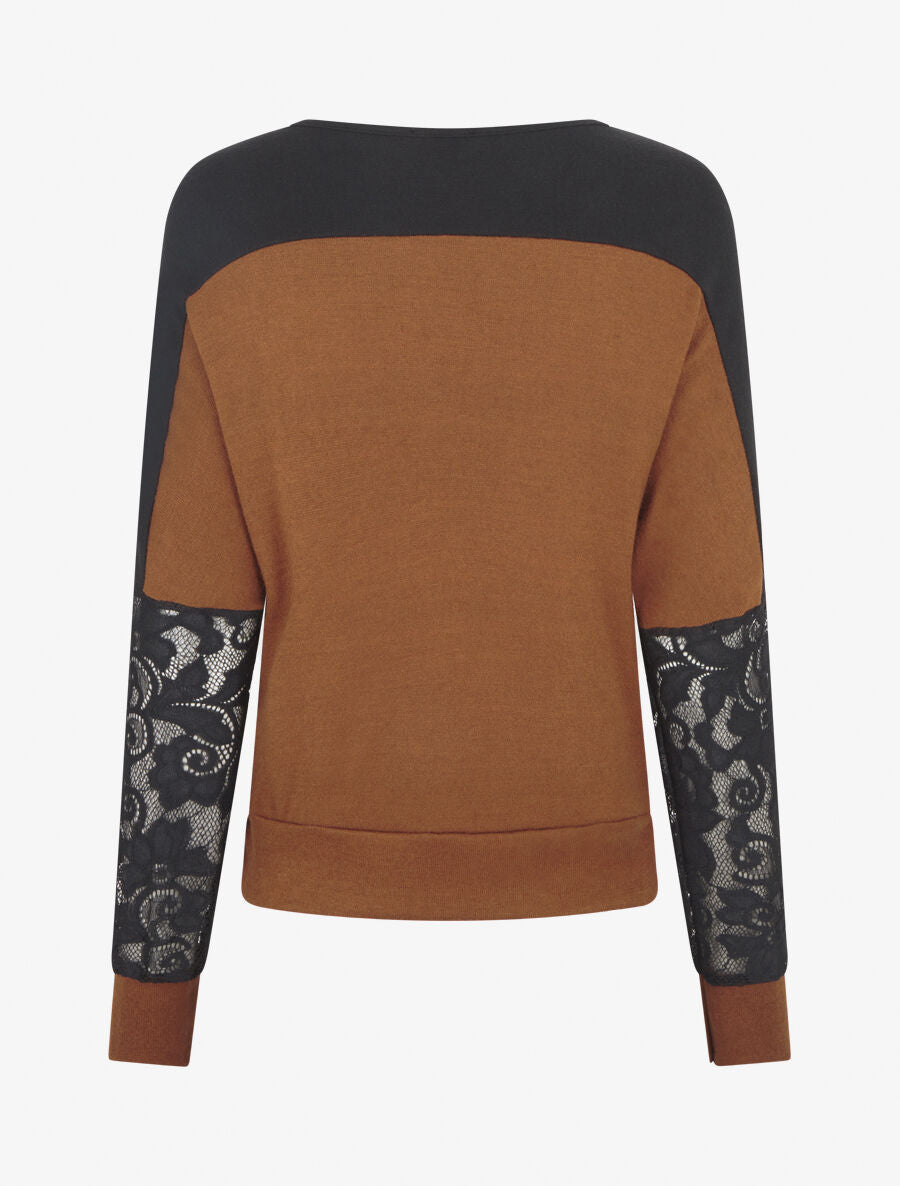 Pull fin dolman à bande dentelle - Camel - 2