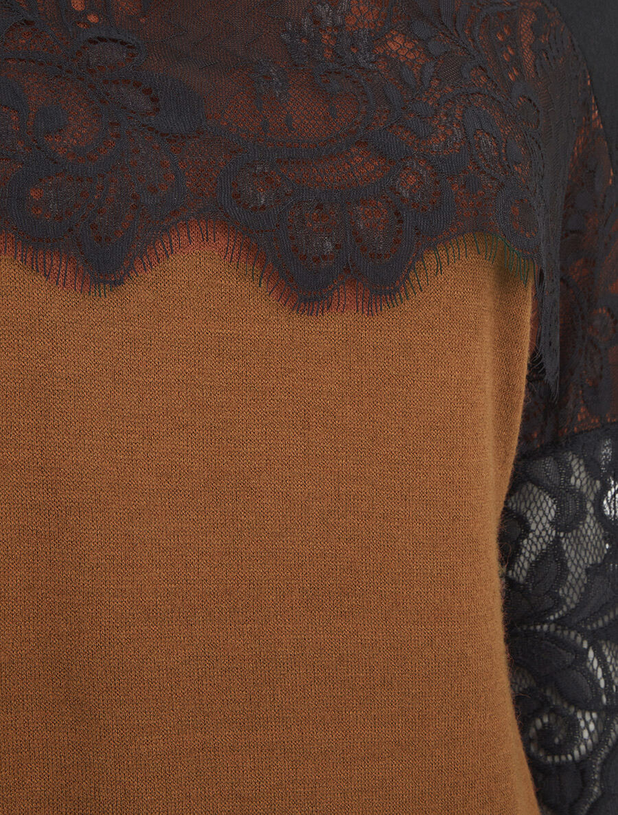Pull fin dolman à bande dentelle - Camel - 3
