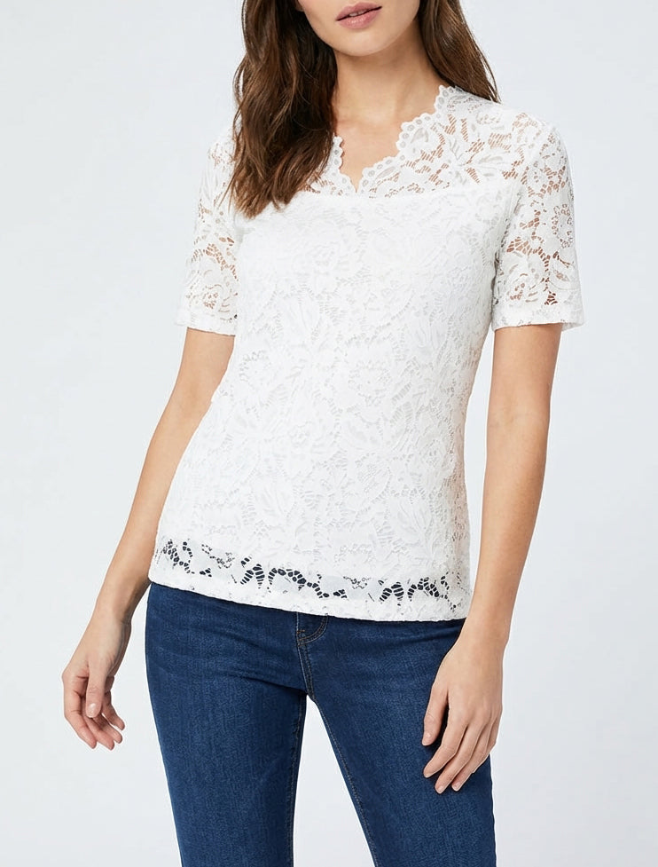 Top in pizzo a maniche corte - Bianco