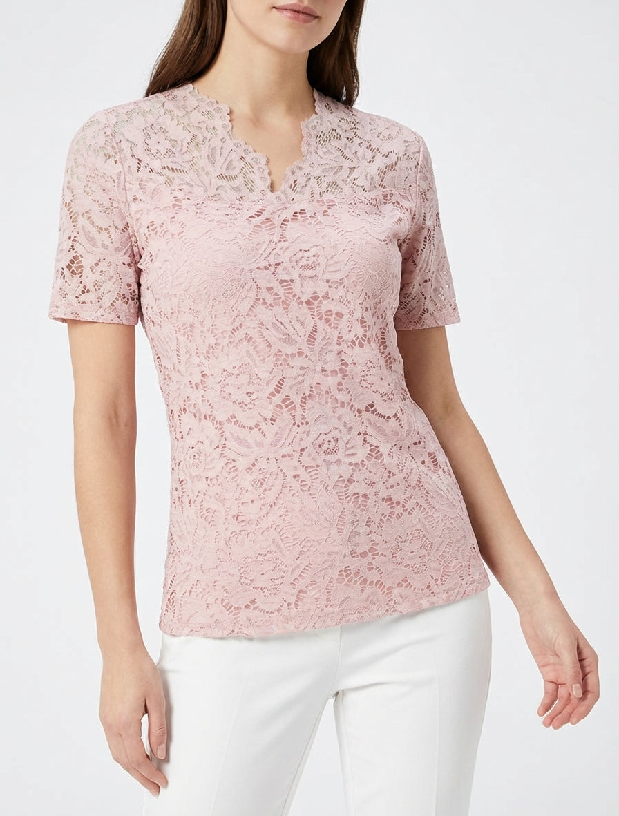Top in pizzo a maniche corte - Rosa