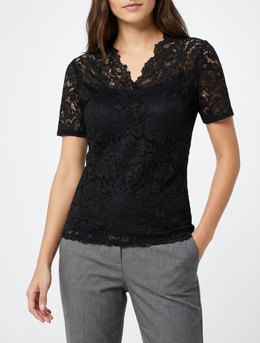 Top in pizzo a maniche corte - Nero