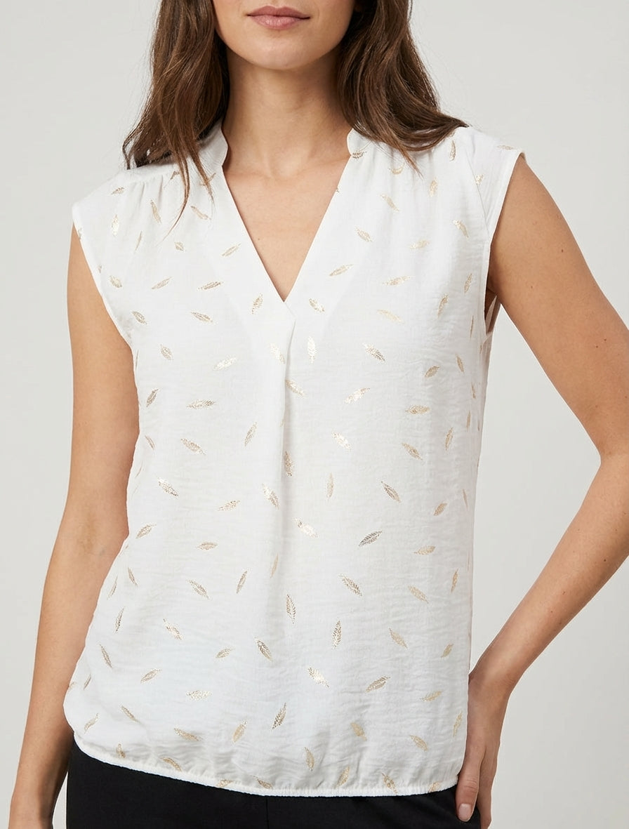 Top elasticizzato con stampa di piume iridescenti. - Bianco