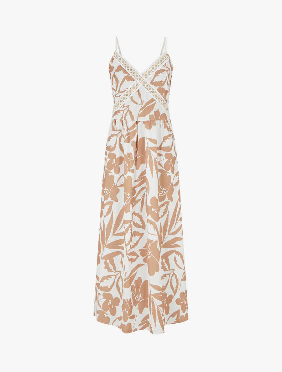 Robe fleurie à empiècement broderie - Camel - 1