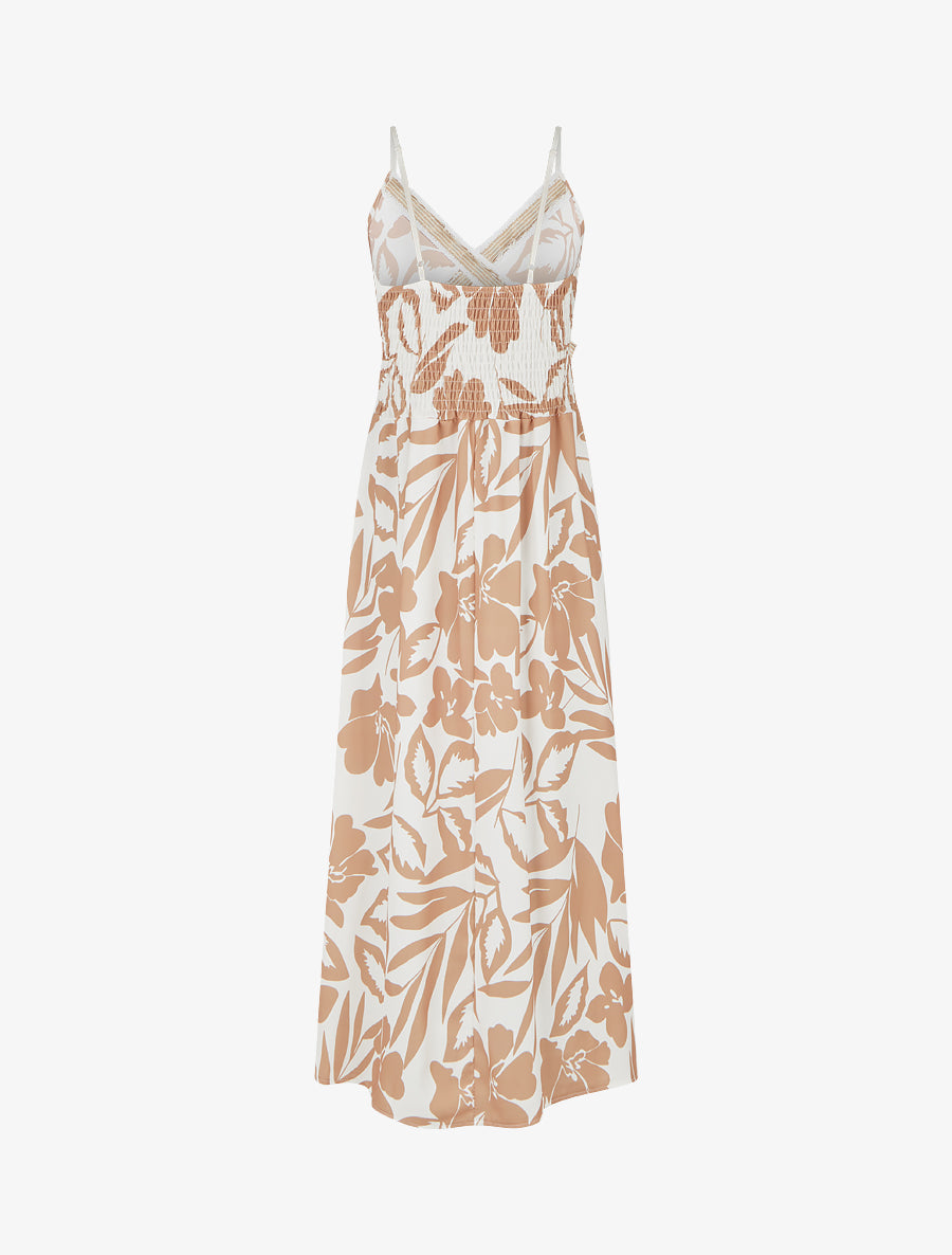 Robe fleurie à empiècement broderie - Camel - 2