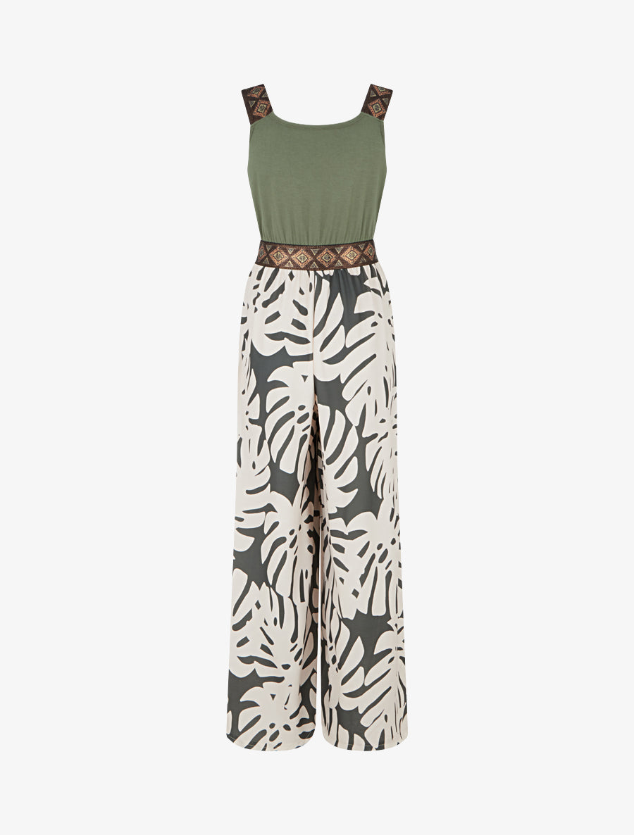 Combinaison imprimé feuilles à bretelles irisées - Kaki - 2