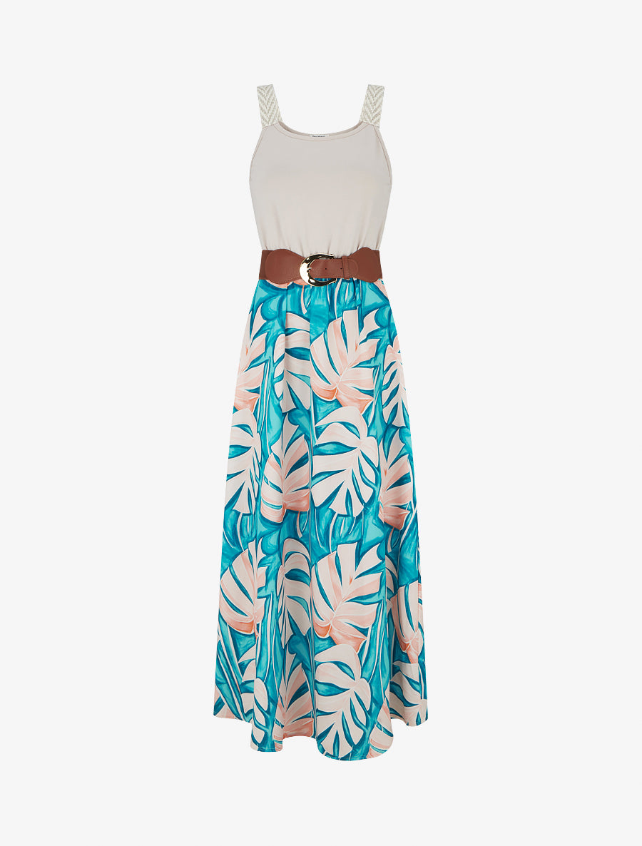 Robe longue imprimé feuillage - Bleu canard - 1