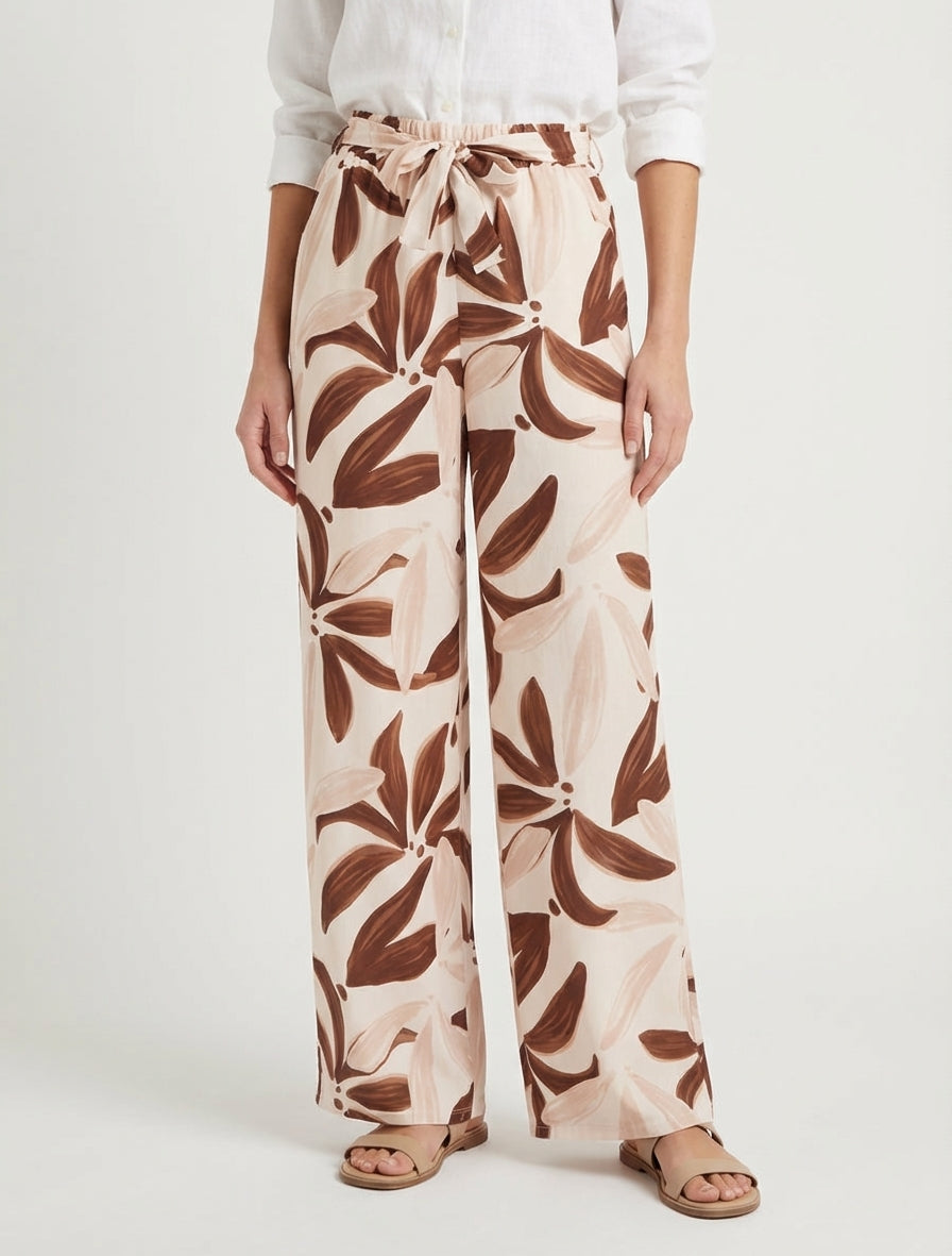 Pantaloni elasticizzati a stampa floreale - Beige