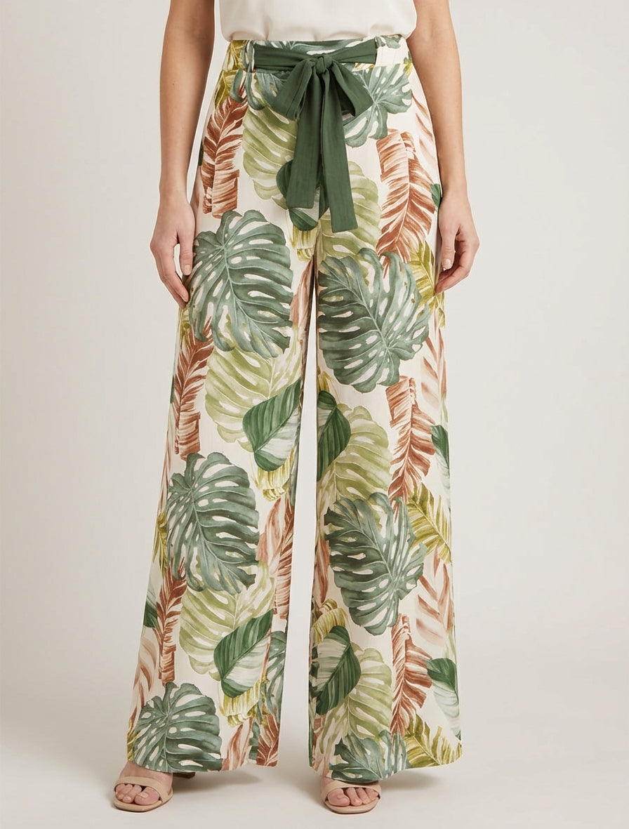 Pantaloni ampi con stampa tropicale - Cachi