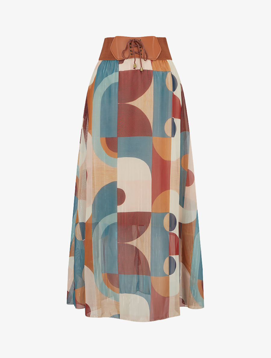 Jupe longue imprimé abstrait - Bleu canard - 1