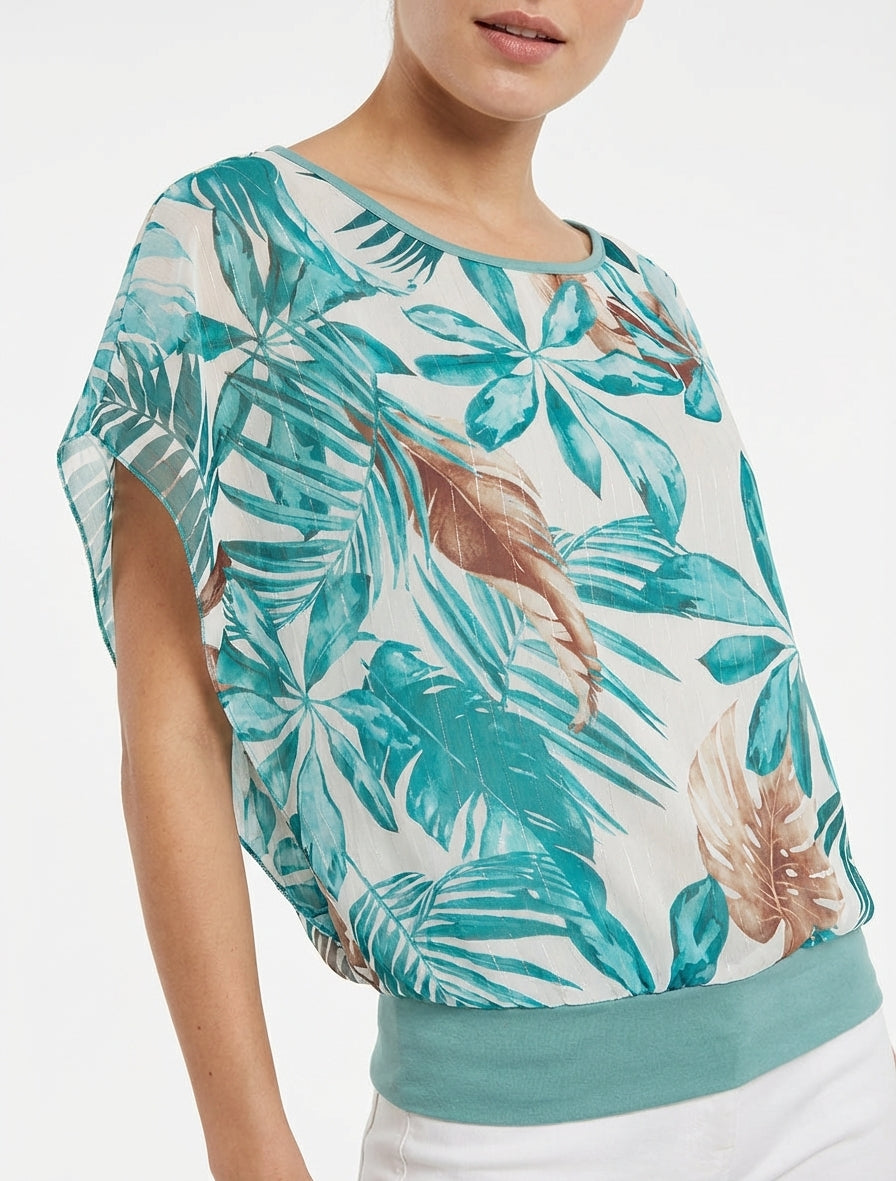 Top a maniche corte con stampa tropicale - Turchese