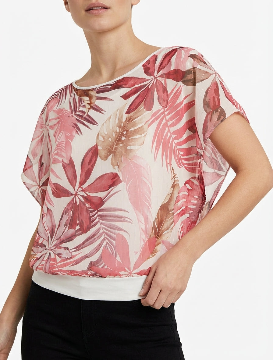Top a maniche corte con stampa tropicale - Rosa antico