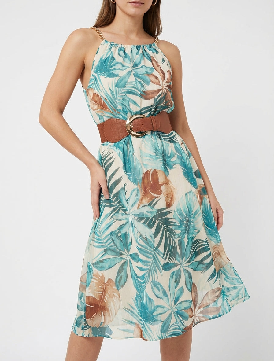 Abito con spalline a catena stampa tropicale - Turchese