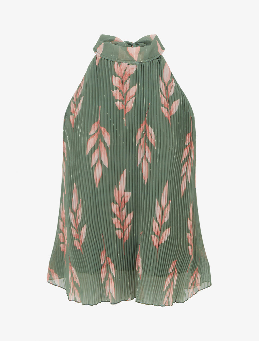 Top plissé sans manches imprimé feuillage - Kaki - 1