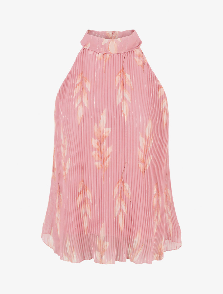 Top plissé sans manches imprimé feuillage - Rose - 1