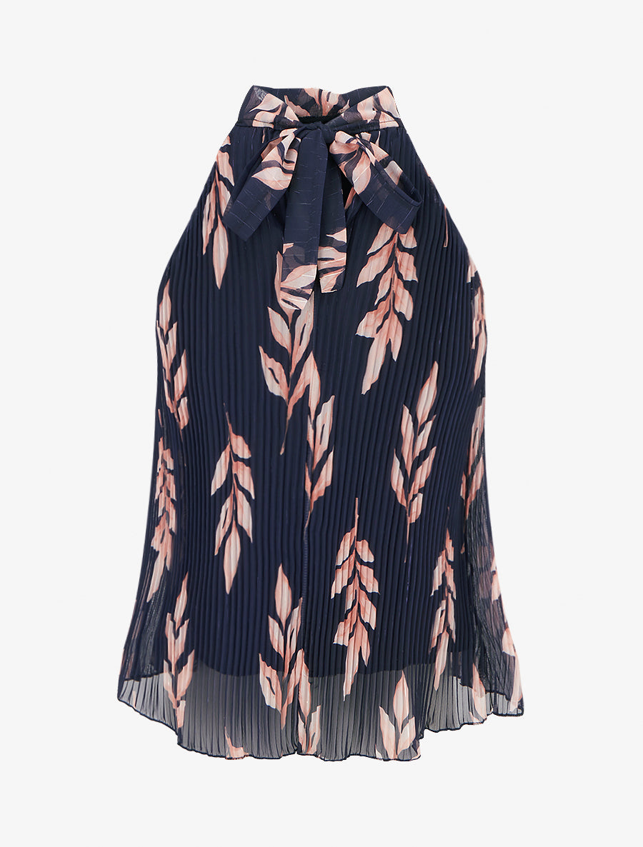 Top plissé sans manches imprimé feuillage - Marine - 2