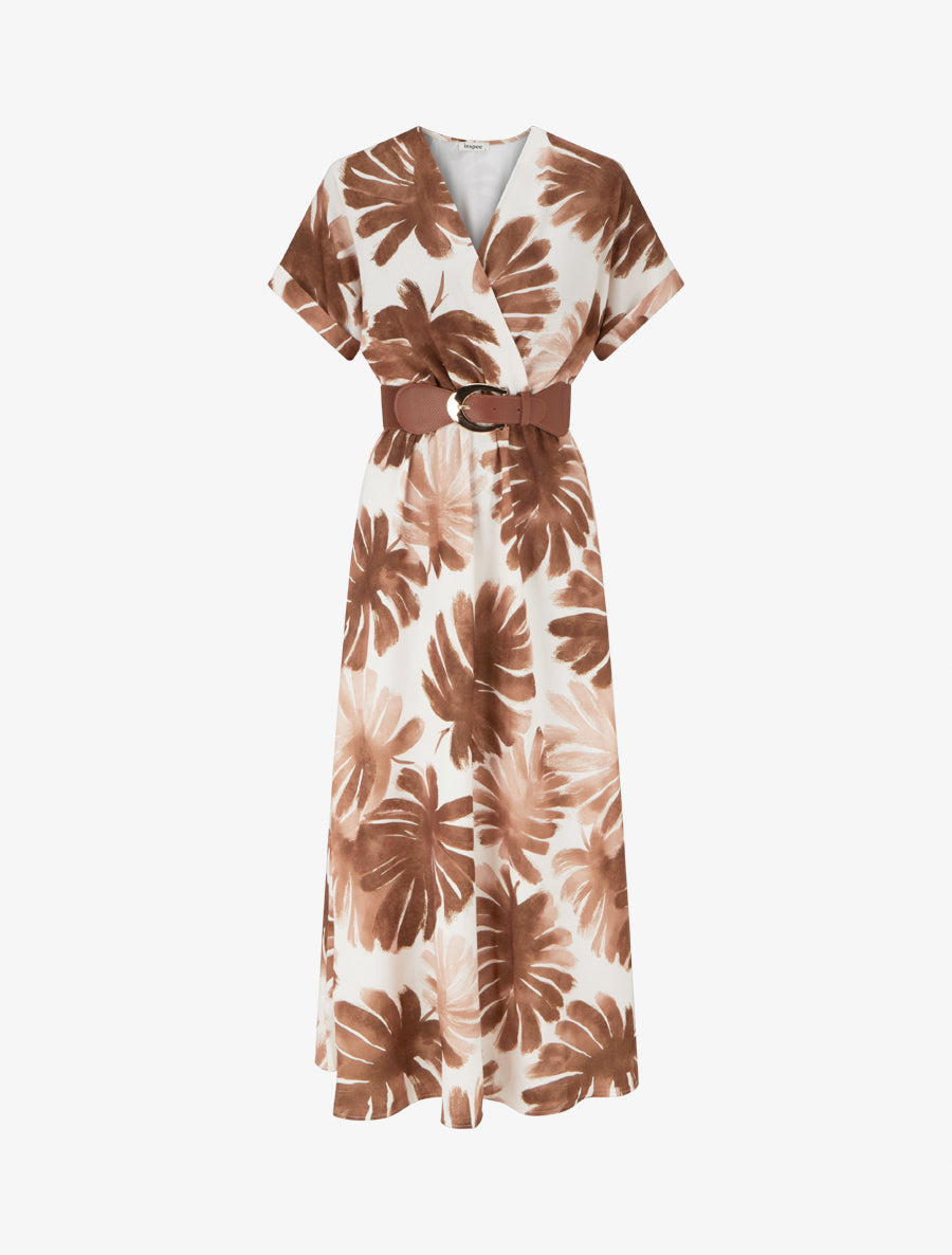 Robe longue manches courtes imprimé feuillage - Marron - 1