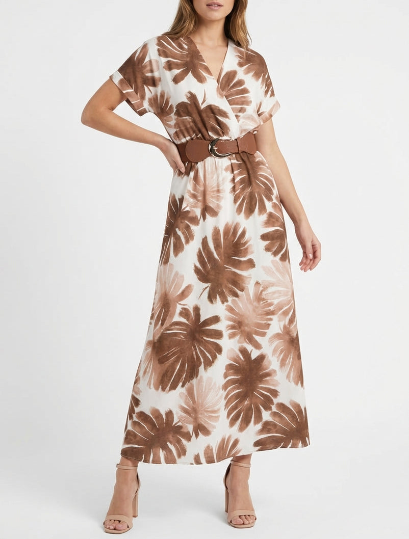 Abito lungo a maniche corte con stampa a foglie - Marrone