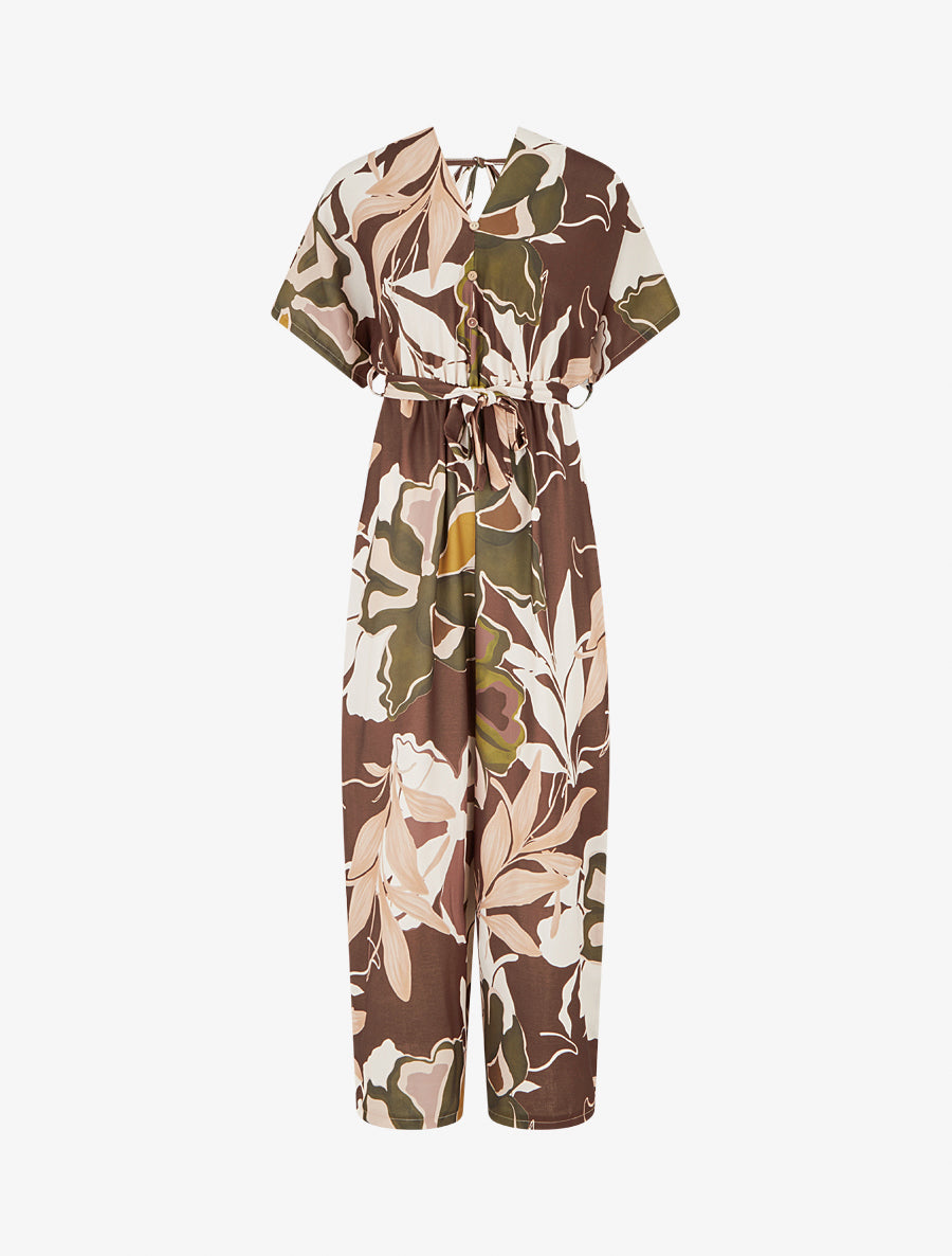 Combinaison imprimé floral à taille élastiquée - Marron - 1