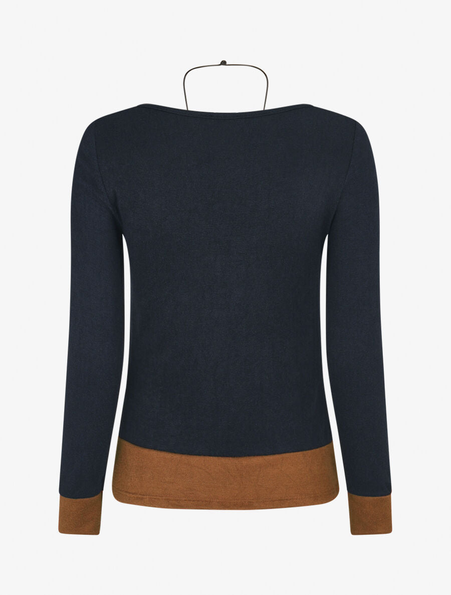 Pull fin effet superposé - Marine/camel - 2