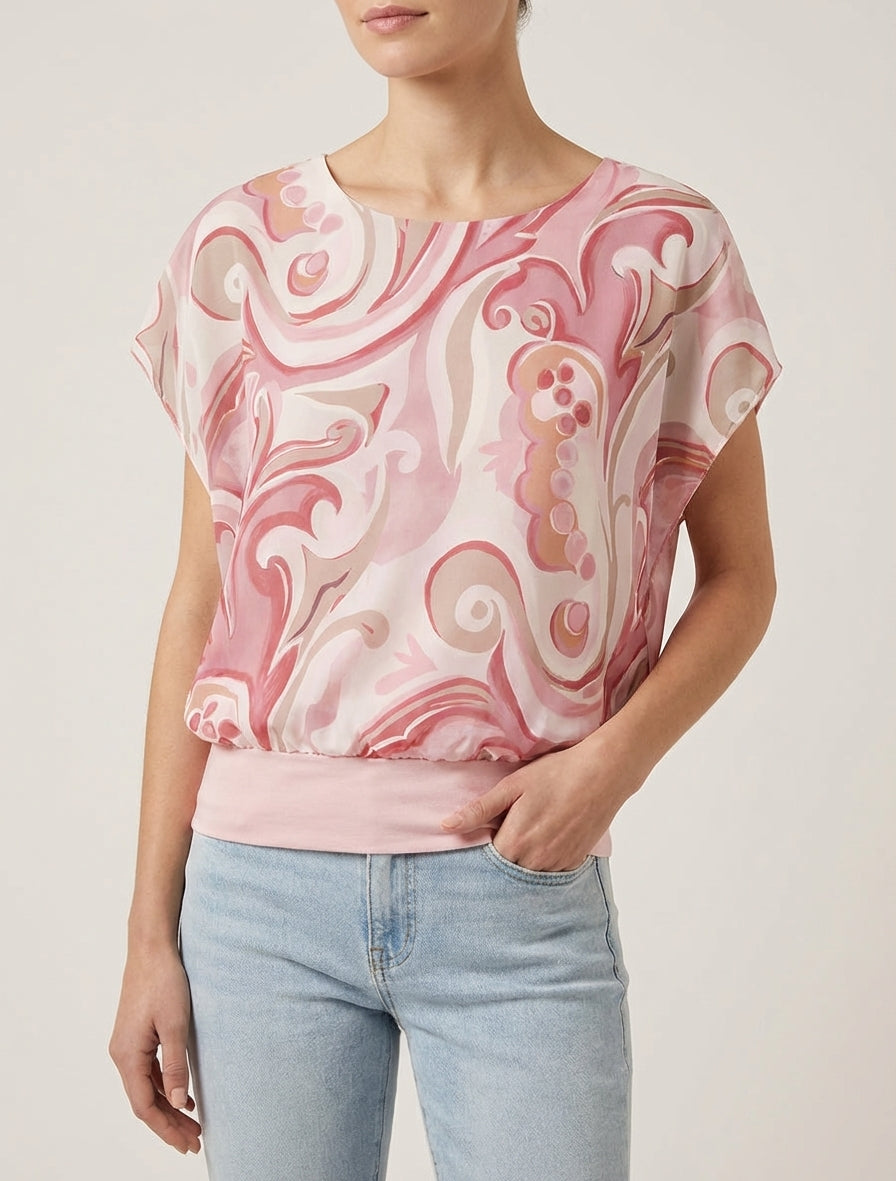 Top a maniche corte con stampa arabesque - Rosa