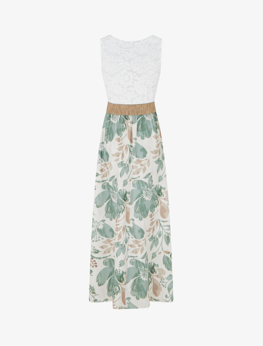 Robe longue à dentelle et imprimé floral - Kaki clair - 2