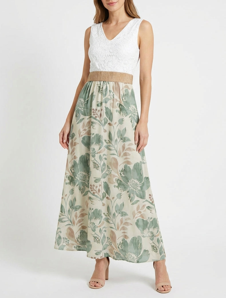 Abito lungo in pizzo con stampa floreale - Beige chiaro