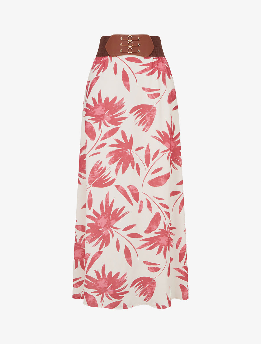 Jupe longue imprimé floral à taille fantaisie - Rose foncé - 1