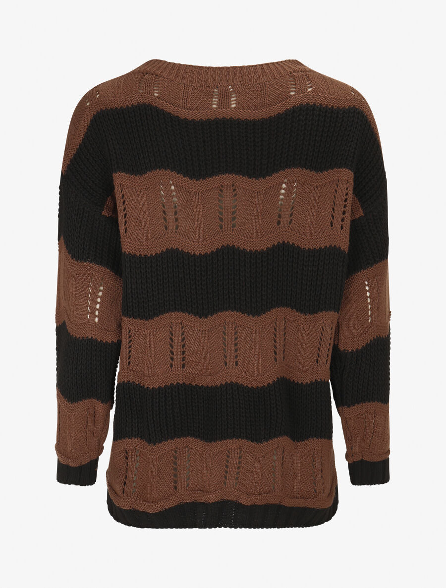 Pull en maille ajourée à rayures stylisées - Marron - 2