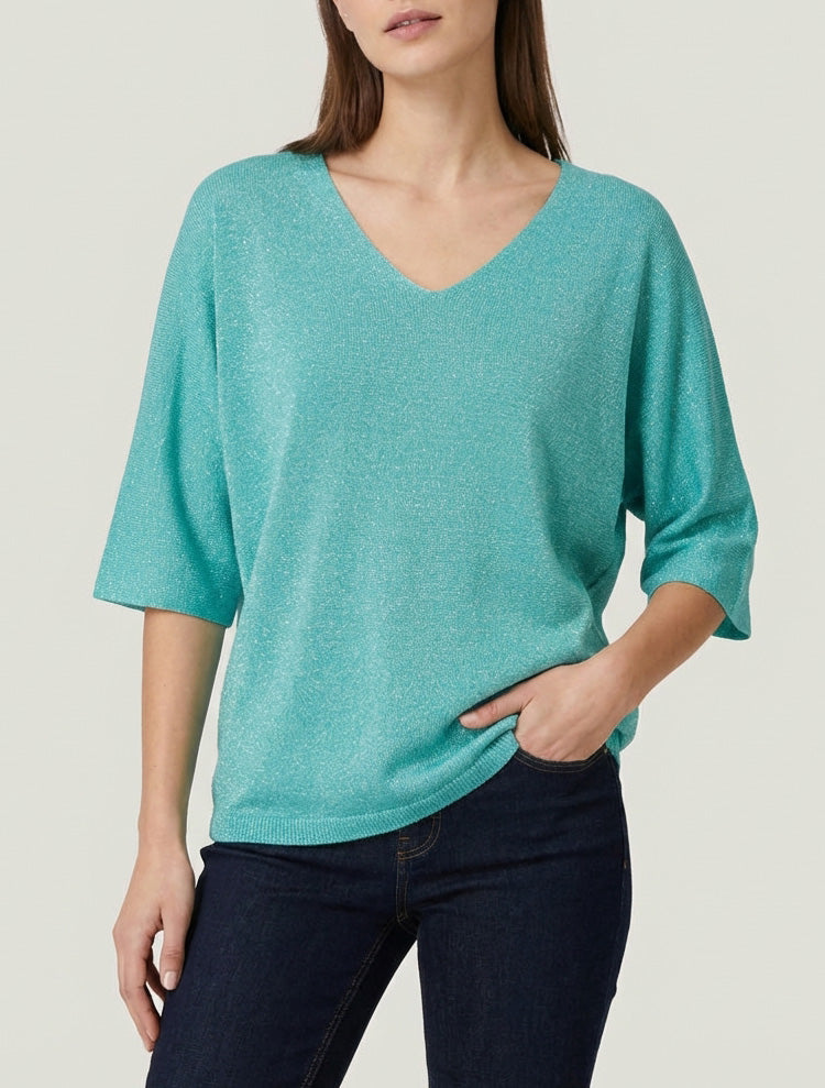 Maglia sottile iridescente con maniche 3/4 - Turchese